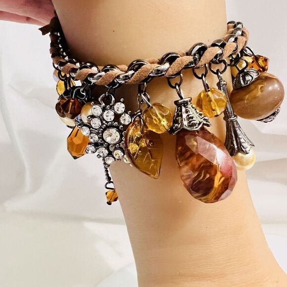 Art Glass Dangle Charm Bracelet Faux Pearl Leather Rhinestone Dangle Brown Yello - Picture 2 of 10